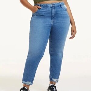 NWT Good American Weekender Jeans Sz 18 Blue High Rise Straight Leg Distressed‎